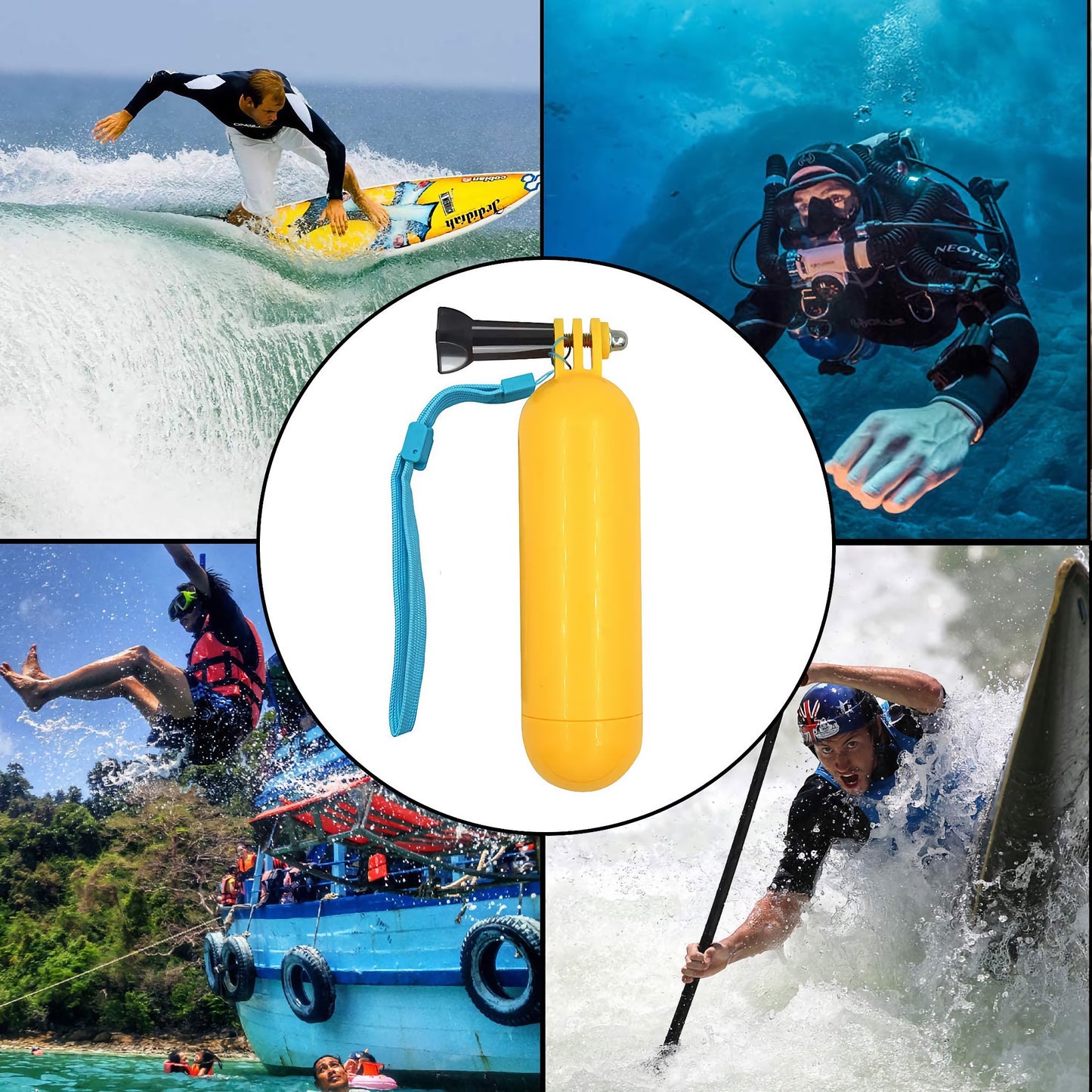 Eine Collage von Menschen beim Surfen, Tauchen, Rafting und Kajakfahren ist das Highlight des Sonstige Diving Case Unterwasser-Haltegriffs – ideal für stabile Unterwasseraufnahmen mit Ihrer Kamera.