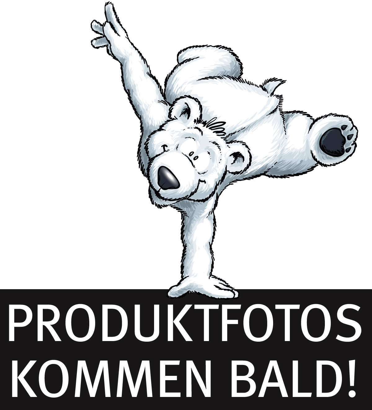 Ein Cartoon-Eisbär macht einen Handstand über dem Text PRODUKTFOTOS KOMMEN BALD! – perfekt, um Ihr iPhone 15 mit dem ArktisPRO iPhone 15 Lens Protector zuverlässig zu schützen.