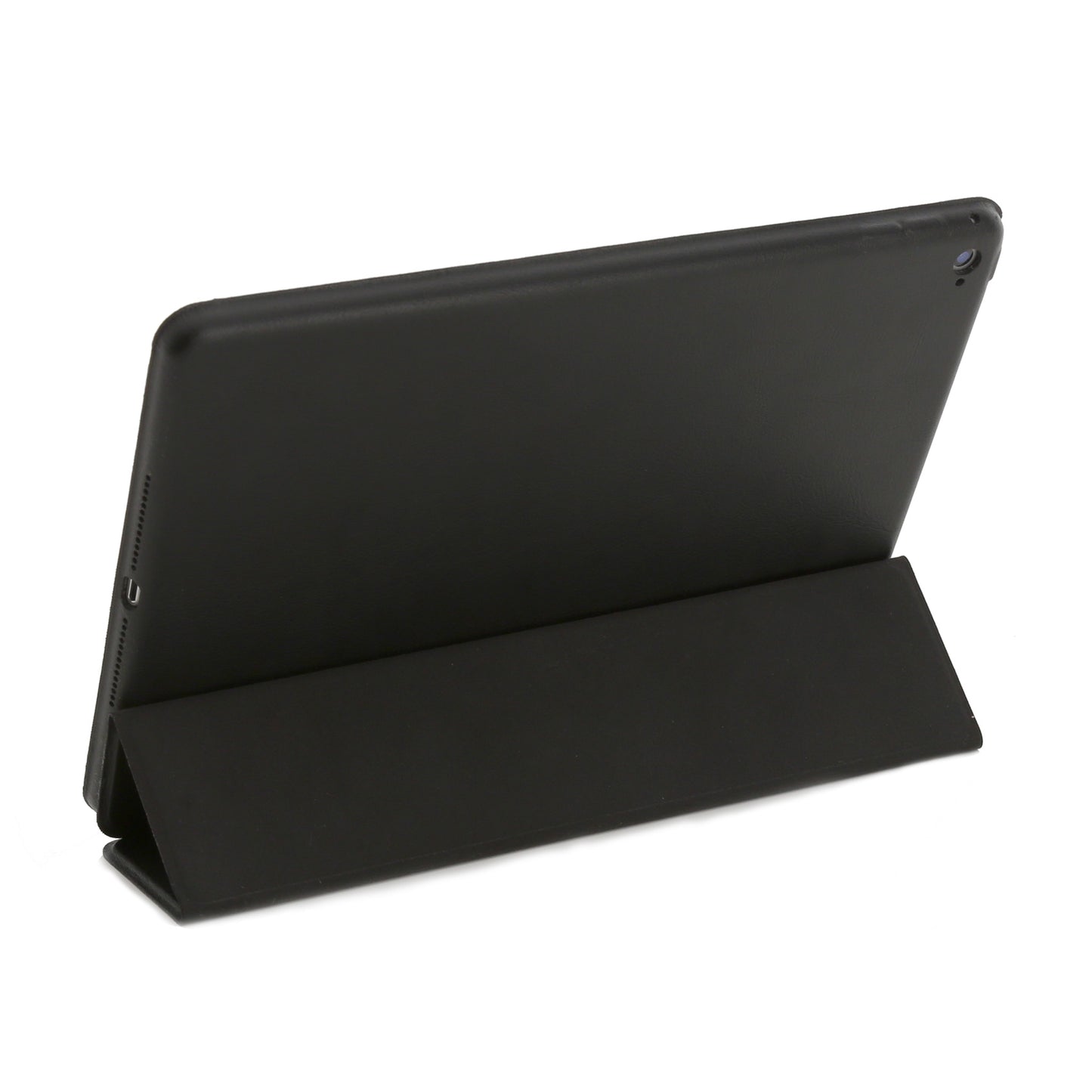 Das iCEO iPad SmartCover Case von iCEO aus schwarzem Kunstleder mit Mikrofaser-Innenseite steht aufrecht vor einem weißen Hintergrund.