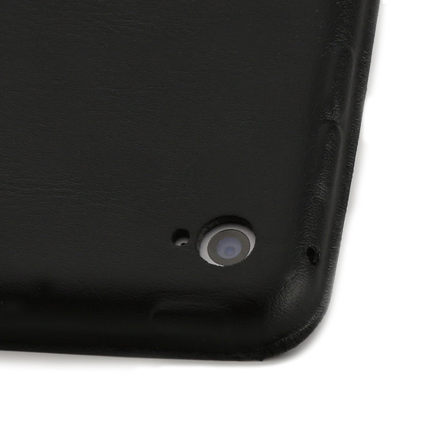 Nahaufnahme des iCEO iPad Air 2 SmartCover Case mit Kameraobjektiv, kleinem Eckloch und weicher Mikrofaser-Innenseite für zusätzlichen Schutz. Marke: iCEO.