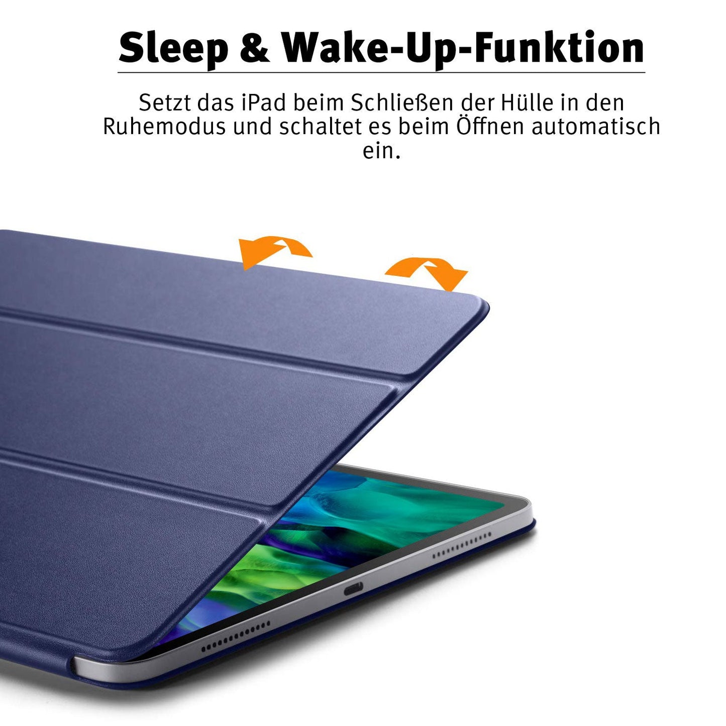 Eine blaue iCEO iPad 11" (2022/2025) ultradünne Schutzhülle ist teilweise geöffnet und zeigt das Tablet im Inneren. Orange Pfeile zeigen die Öffnung, deutscher Text erklärt die magnetische Schlaf- und Weckfunktion des Smart Case.
