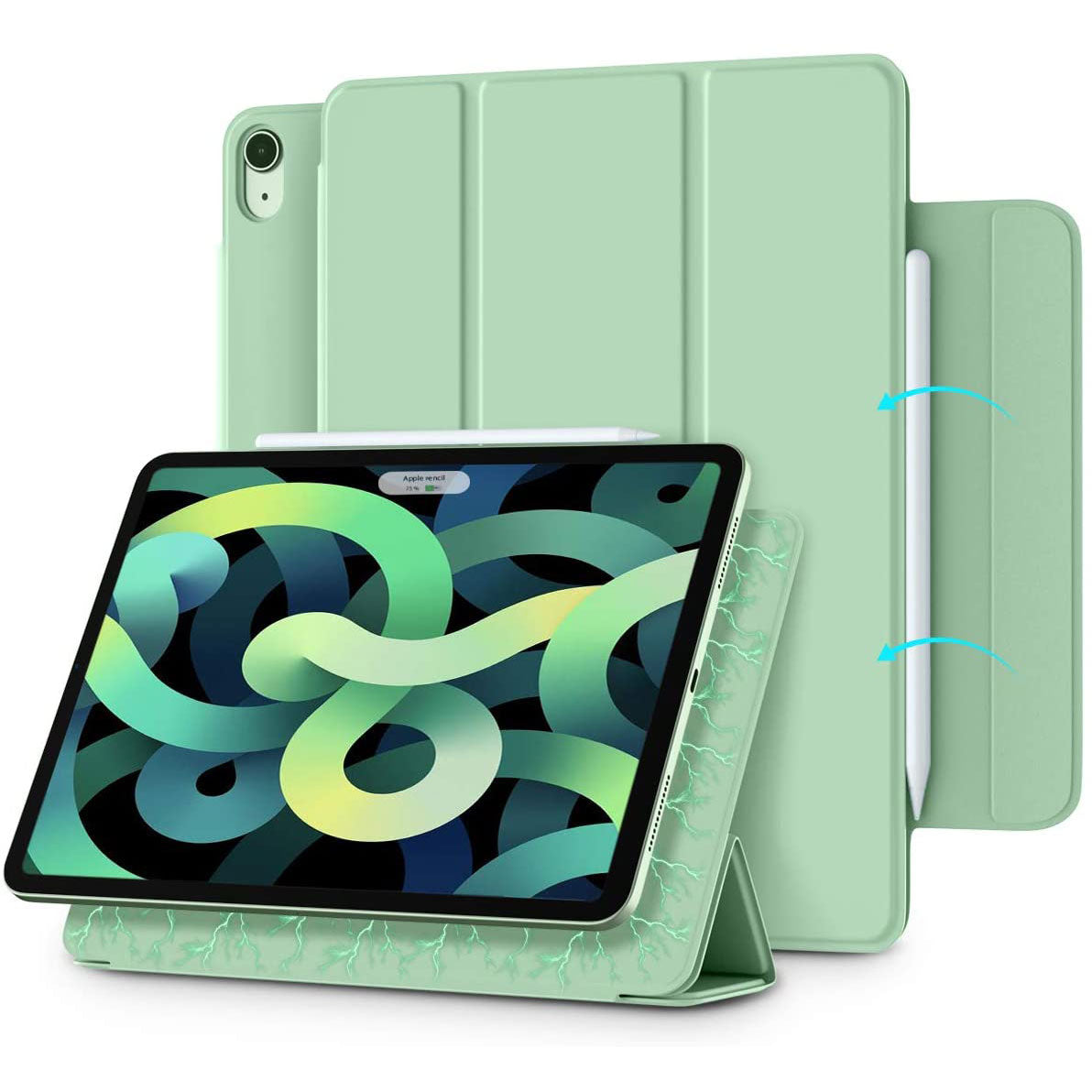 Das magnetische Smart Case 2.0 von iCEO für das iPad Air 10,9" (2022/2020) in Mintgrün stützt ein Tablet und verfügt über ein magnetisches Smart Cover und einen angeschlossenen Stift. Der Bildschirm zeigt ein abstraktes grün-blaues Muster.
