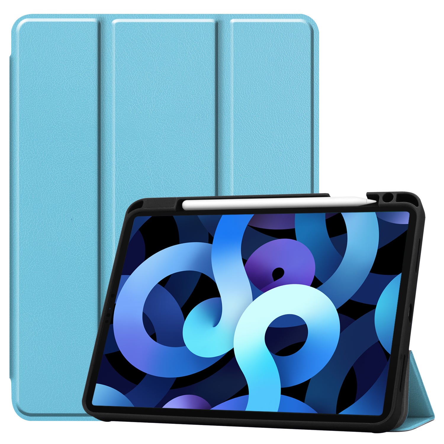 Ein hellblaues ArktisPRO iPad 11" (2022/2025) PREMIUM SmartCase hält ein iPad und zeigt ein abstraktes kreisförmiges Muster in Blau und Lila. Das Etui scheint geschlossen zu sein und stellt das iPad aufrecht dar, wobei ein Apple Pencil darauf liegt.