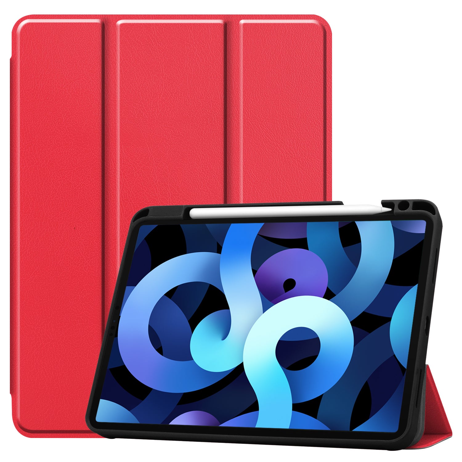 Ein ArktisPRO iPad 11" (2022/2025) PREMIUM SmartCase in Rot ist teilweise geöffnet und zeigt ein Tablet mit einem blauen abstrakten Bildschirm und einem an der Oberkante befestigten Apple Pencil.