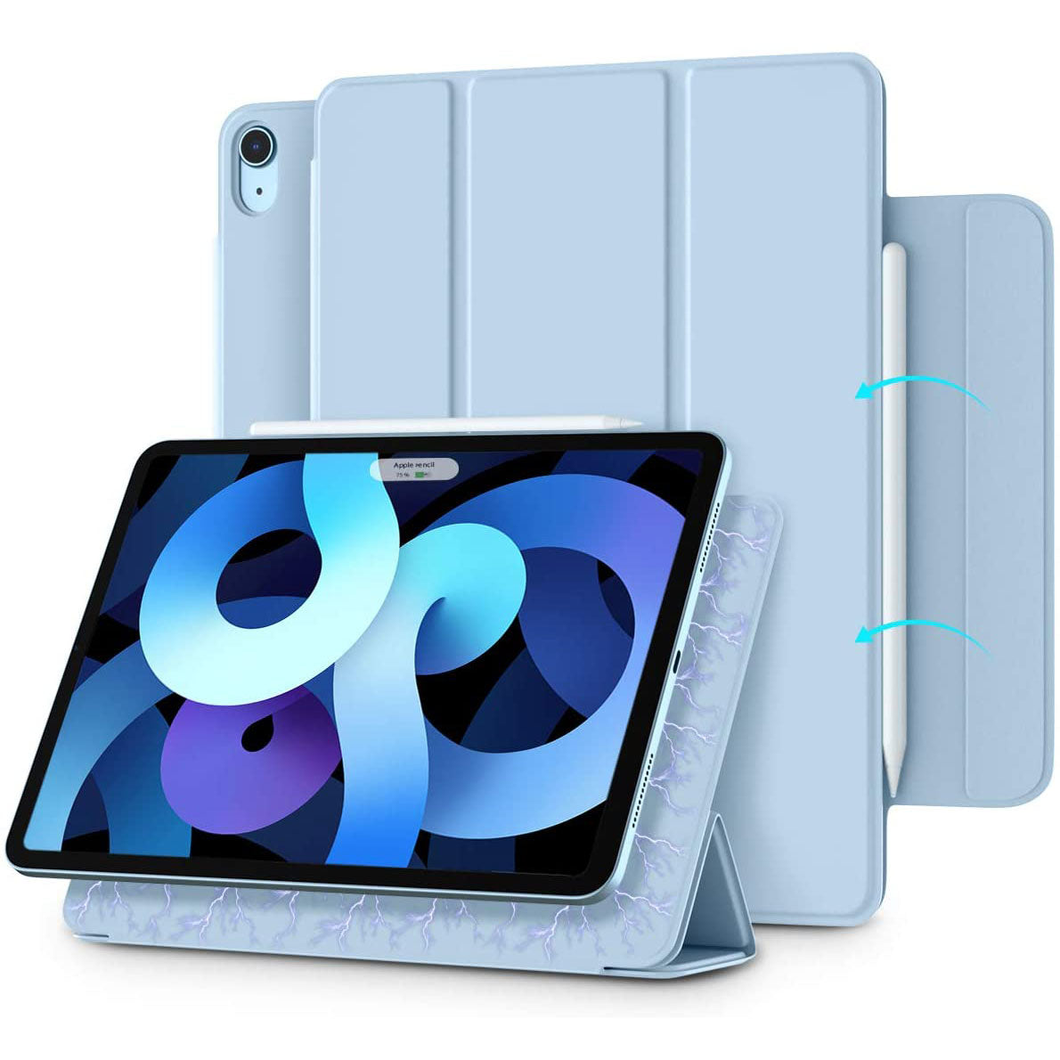 Das magnetische Smart Case 2.0 von iCEO für das iPad Air 10,9" (2022/2020) in Hellblau hält Ihr Tablet aufrecht und sicher. Die magnetische Abdeckung verfügt über einen integrierten Stifthalter, während auf dem Bildschirm abstrakte blaue Formen angezeigt werden.