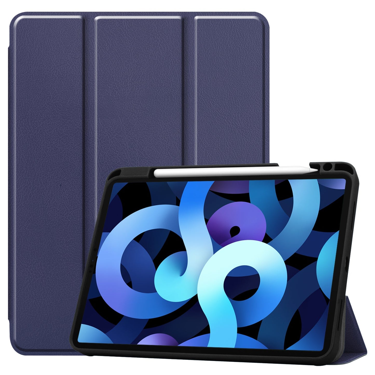 Das ArktisPRO iPad 11" (2022/2025) PREMIUM SmartCase in Blau wird angezeigt. Eine Ansicht zeigt das geschlossene Gehäuse und eine andere ein iPad im Inneren mit einem blauen abstrakten Bildschirm und einem Apple Pencil darauf.