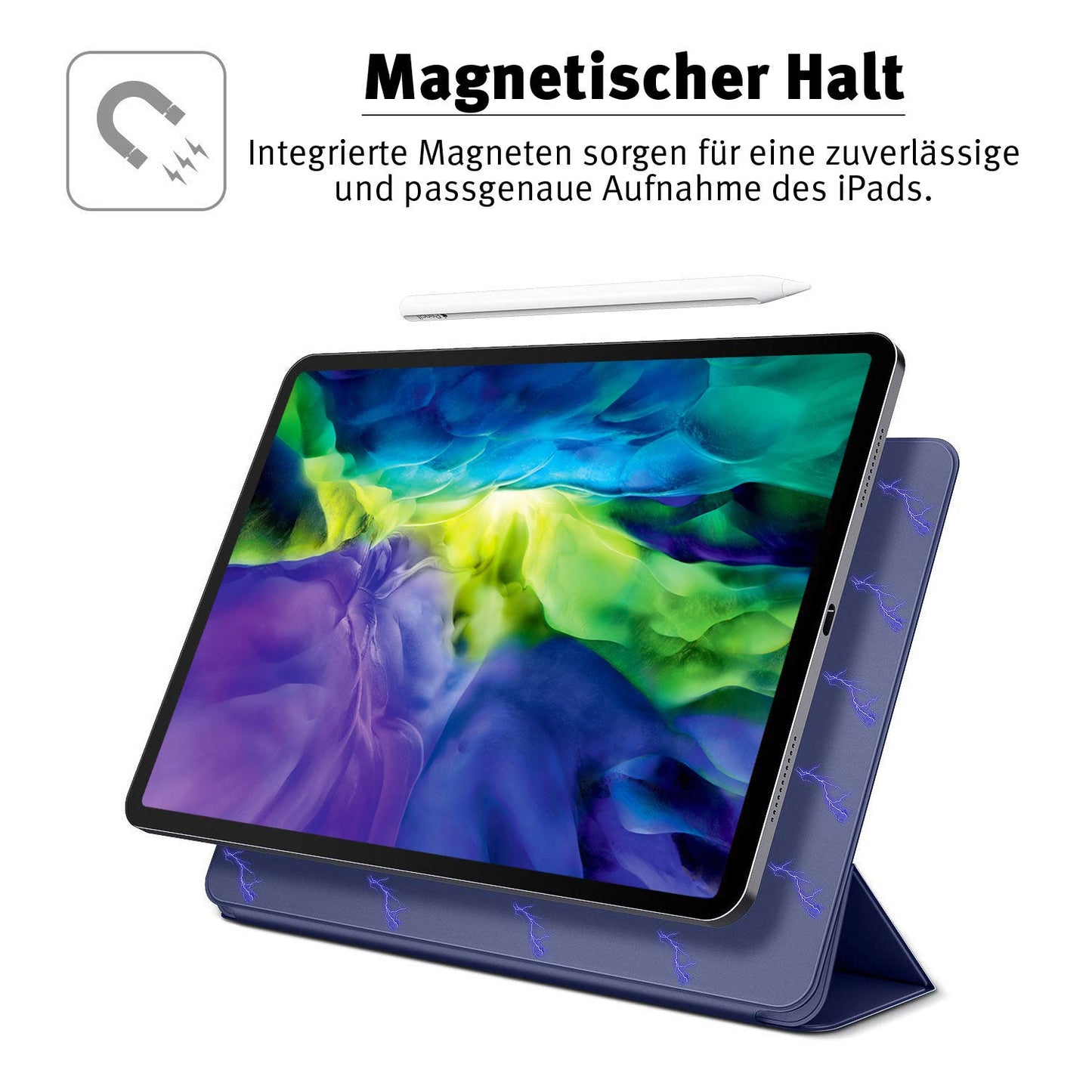 Ein iCEO iPad 11" (2022/2025) in einer ultradünnen Schutzhülle mit schwebendem Stift. Blaue Blitze auf dem Case zeigen magnetische Unterstützung des iCEO magnetisches Smart Case für festen Halt und sicheren Sitz des iPads.