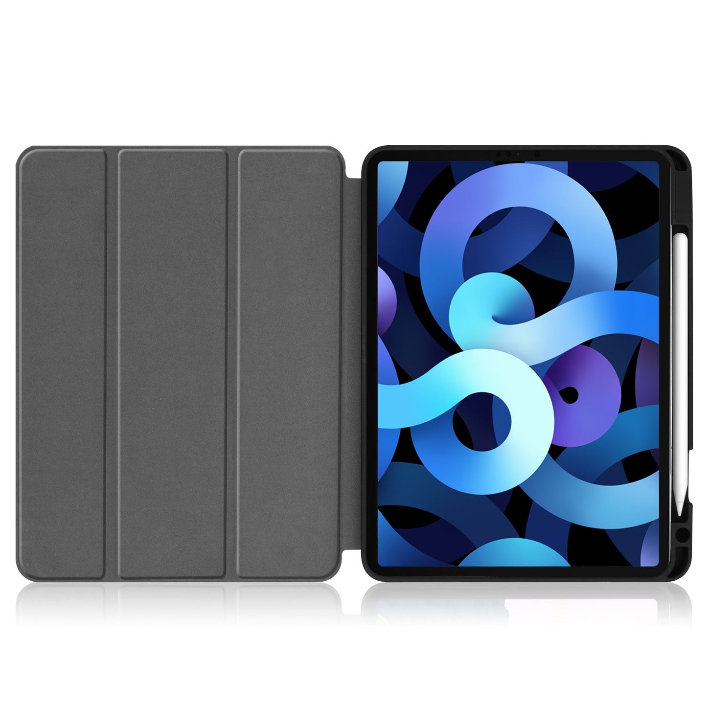 Ein ArktisPRO iPad 11" (2022/2025) PREMIUM SmartCase in dunkler Farbe ist geöffnet und zeigt den Bildschirm mit einem leuchtend blauen und violetten abstrakten Muster. An der rechten Seite des iPads ist ein Apple Pencil angebracht.