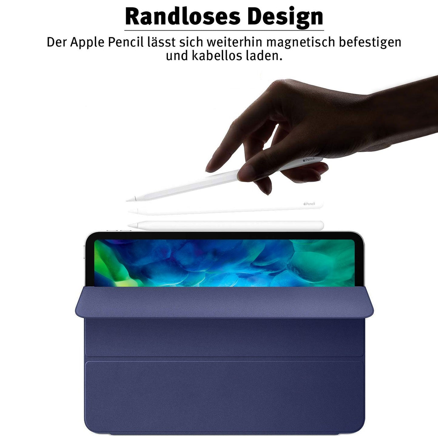Eine Hand legt einen Apple Pencil auf ein iPad 11" (2022/2025) im iCEO männlichen Smart Case. Oben erklärt deutscher Text die magnetische Befestigung und das kabellose Laden des Apple Pencil.