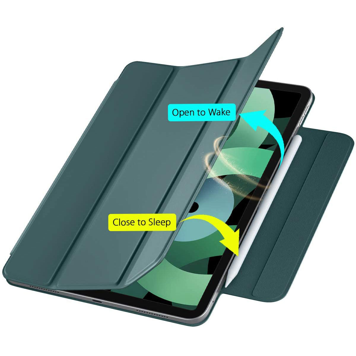 Ein iCEO iPad Air 10,9" (2022/2020) befindet sich in einem grünen magnetischen Smart Case 2.0 von iCEO, das teilweise geöffnet ist, um die magnetischen Funktionen des Smart Covers (Öffnen zum Aufwecken und Schließen zum Schlafen) zu zeigen. An der Kante liegt ein Stift.