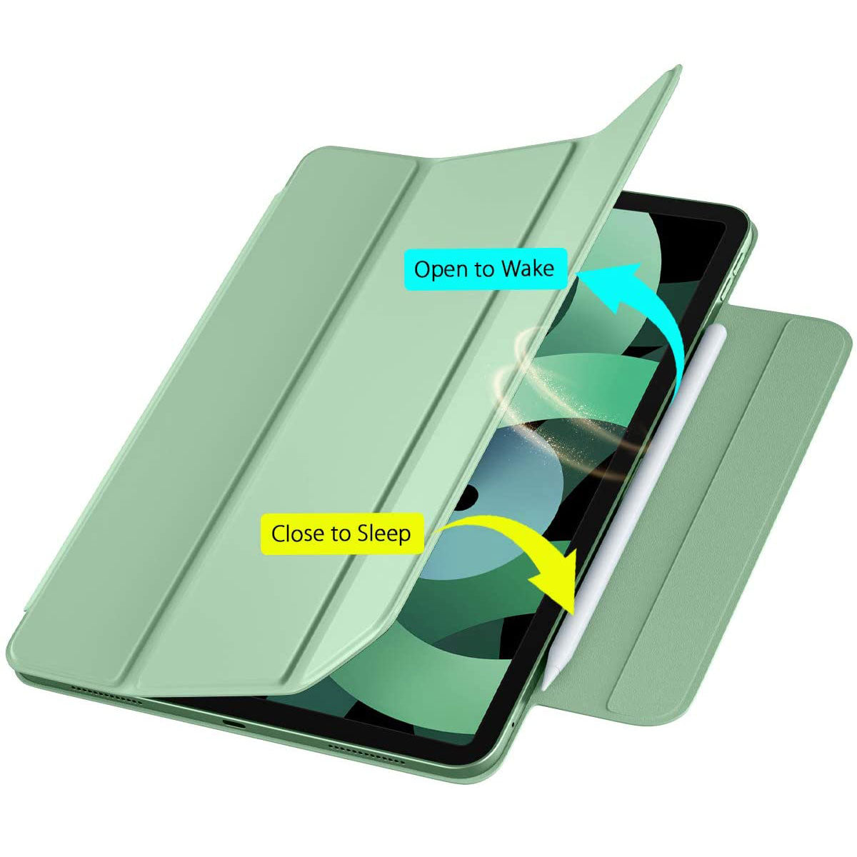 Das magnetische Smart Case 2.0 des iCEO iPad Air 10,9" (2022/2020) ist teilweise geöffnet mit einem Pfeil mit der Aufschrift „Open to Wake“ und teilweise geschlossen mit einem Pfeil mit der Aufschrift „Close to Sleep“ dargestellt, wodurch die automatische Sleep/Wake-Funktion hervorgehoben wird.
