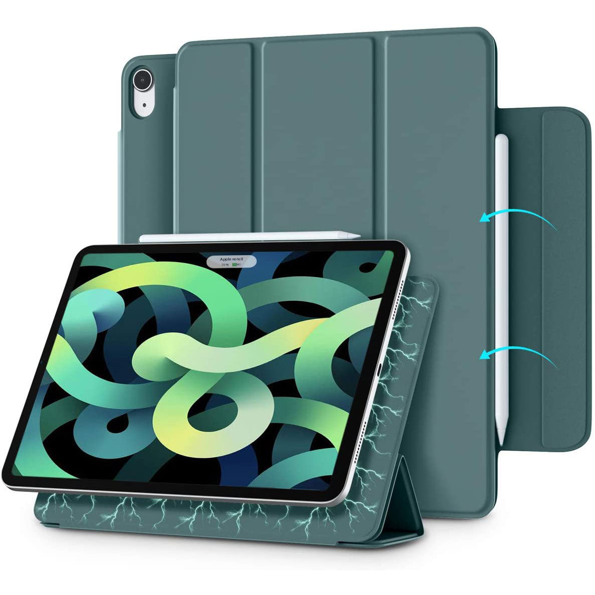 Ein iCEO iPad Air 10,9" (2022/2020) zeigt farbenfrohe Kunst und wird von einem grünen magnetischen Smart Case 2.0 von iCEO gestützt. Ein weißer Stift ist magnetisch an der Seite des Gehäuses befestigt, und blaue Pfeile zeigen die Platzierung des Stifts an.