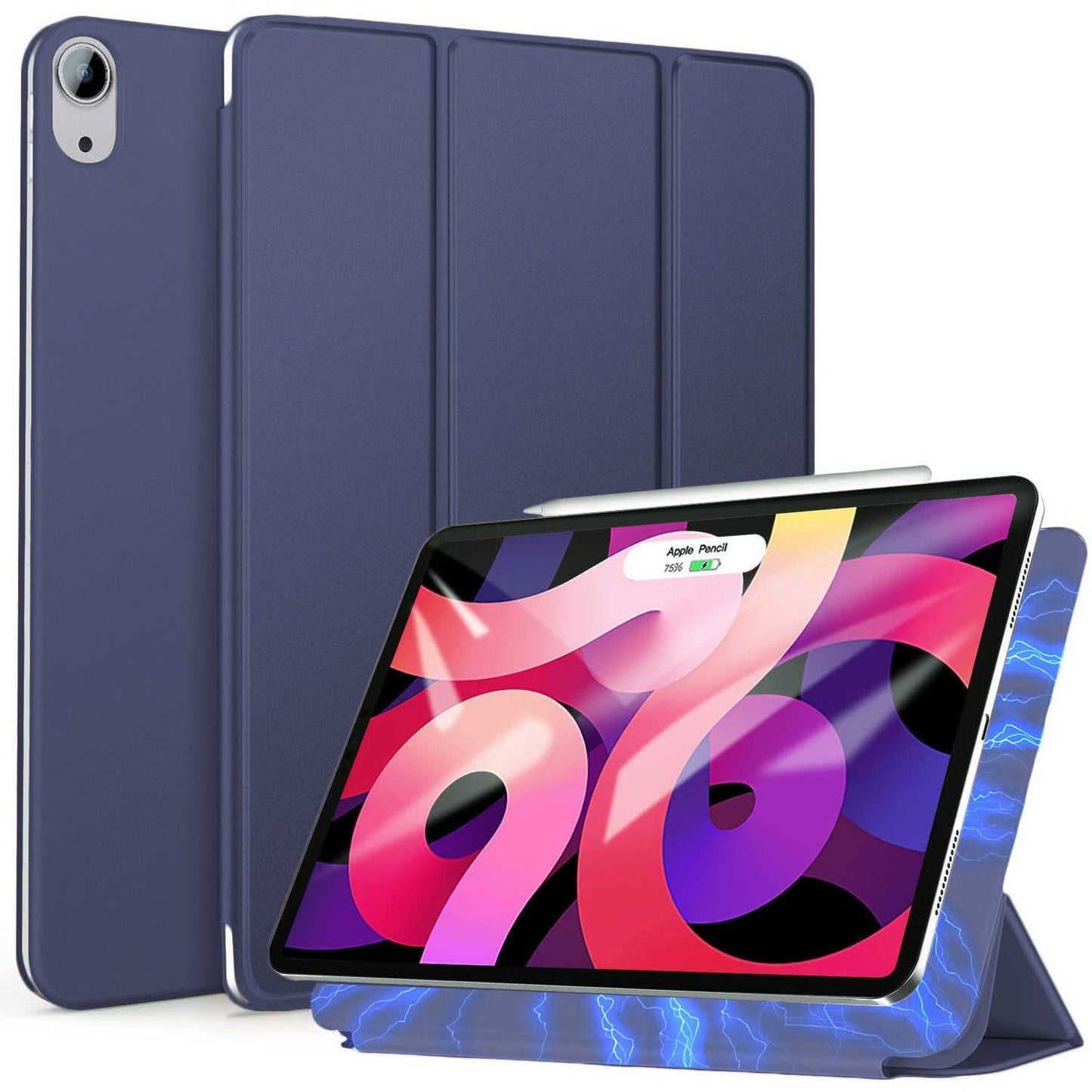 Ein magnetisches Smart Case von iCEO für das iPad 11" (2022/2025) in Blau schützt das Tablet und bildet einen dreifach faltbaren Ständer. Das Case unterstützt die aufrechte Betrachtung und bedeckt die Rückseite, während ein Apple Pencil oben aufliegt. Marke: iCEO.
