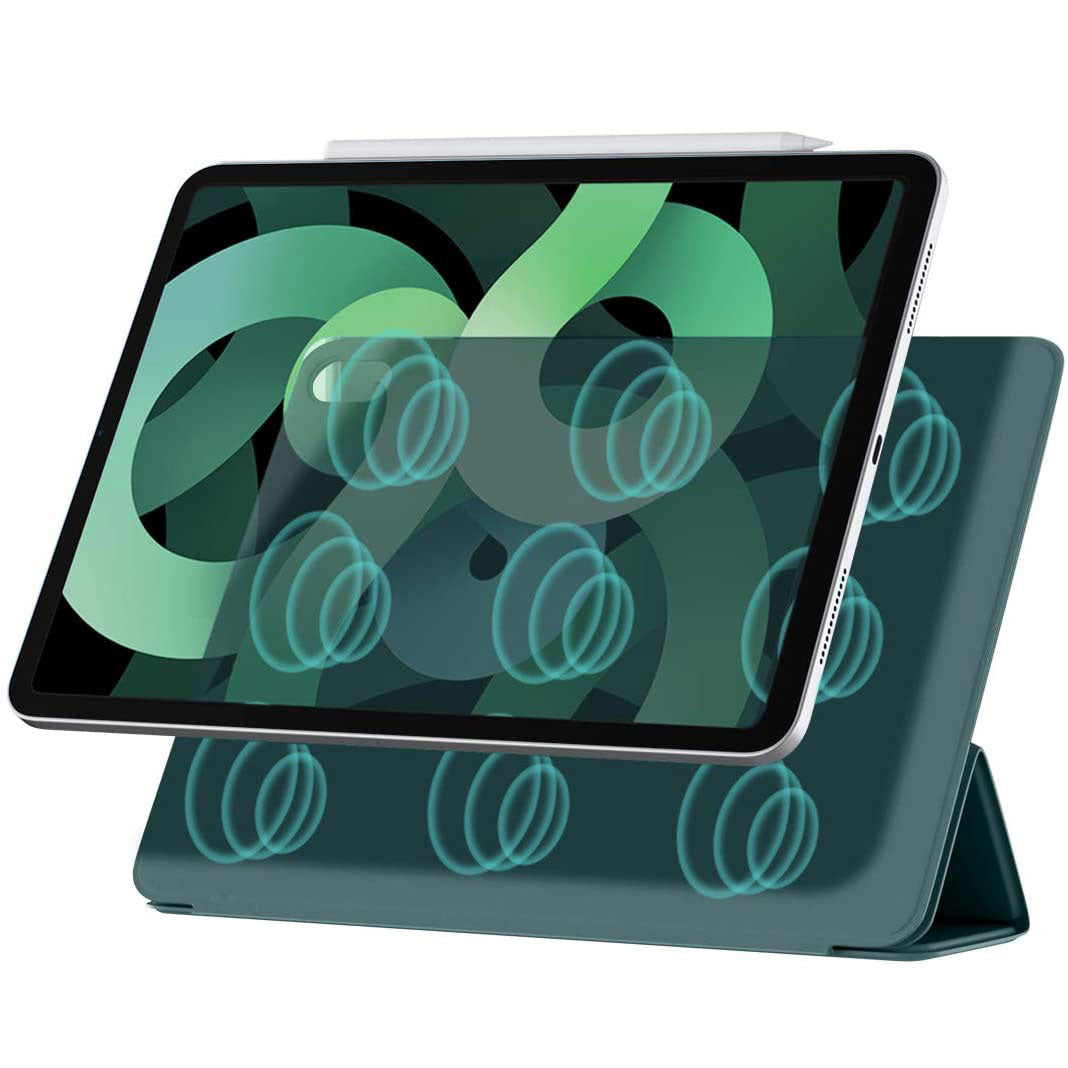Ein iCEO iPad Air 10,9" (2022/2020) wird auf einem faltbaren Ständer mit hervorgehobenen magnetischen Verbindungspunkten seines iCEO magnetischen Smart Case 2.0 angezeigt. Der Bildschirm weist ein grünes abstraktes Muster auf.