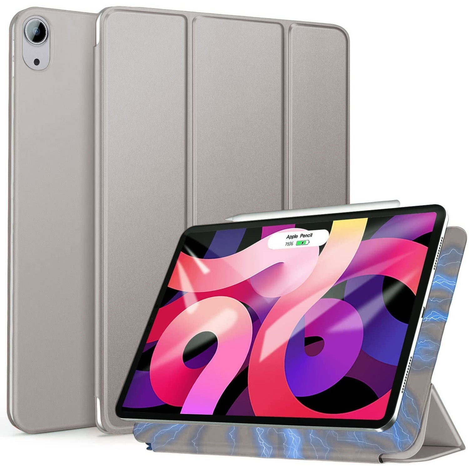 Ein silbernes magnetisches Smart Case für das iCEO iPad 11" (2022/2025) ist geöffnet und geschlossen mit einem iPad darin abgebildet. Die dreifach gefaltete Hülle stützt das Tablet und zeigt ein farbenfrohes abstraktes Design auf dem Bildschirm.