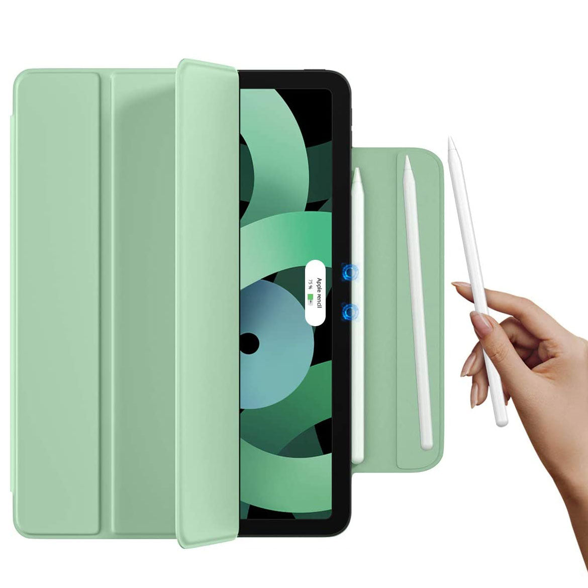 Das magnetische Smart Case 2.0 für das iCEO iPad Air 10,9" (2022/2020) ist in Grün geöffnet dargestellt und enthält ein Tablet mit abstrakten blauen und grünen Formen auf dem Bildschirm und eine Halterung für einen weißen Stift, der von einer Hand auf der rechten Seite gehalten wird.