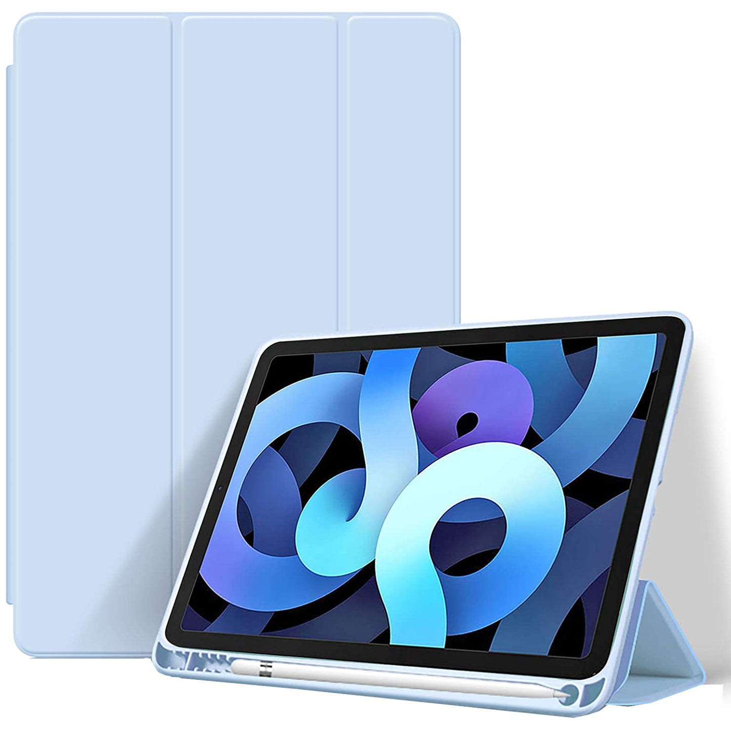 Das ArktisPRO iPad Air 10,9" (2022/2020) Pencil SmartCase in Hellblau bietet eine nahtlose Apple Pencil-Integration und zeigt ein blaues abstraktes Muster auf dem Tablet-Bildschirm.