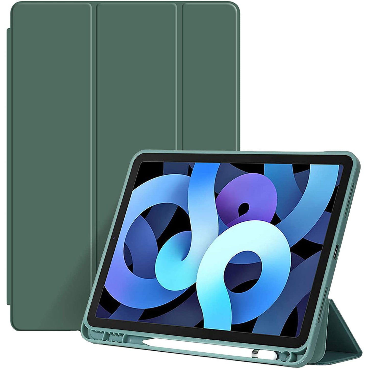 Ein ArktisPRO iPad Air 10,9" (2022/2020) Pencil SmartCase in Grün stützt ein iPad Air 10,9" mit einem blauen abstrakten Hintergrundbild und verwendet die gefaltete Abdeckung als Ständer.