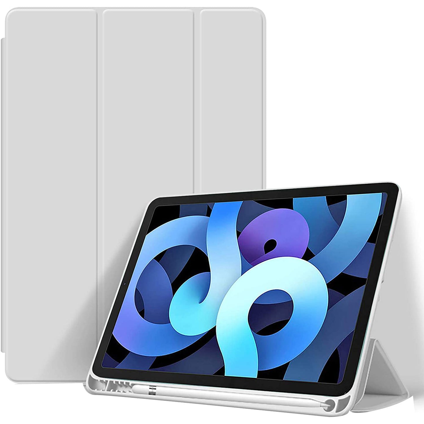 Das ArktisPRO iPad Air 10.9" (2022/2020) Pencil SmartCase in Weiß verfügt über ein abstraktes blaues Design auf dem Bildschirm, wird offen und geschlossen dargestellt und ist mit Apple Pencil kompatibel.