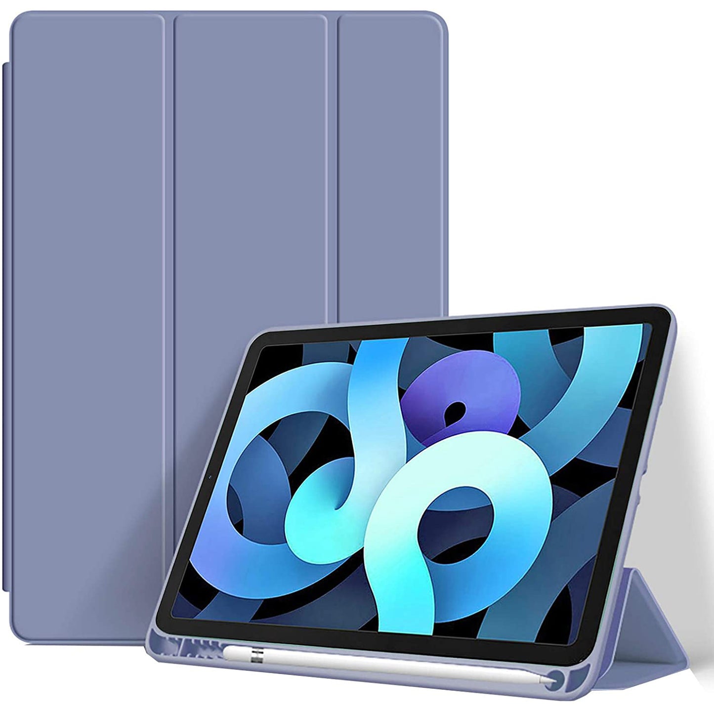 Ein ArktisPRO iPad Air 10,9" (2022/2020) mit einem blauen abstrakten Bildschirm steht aufrecht in einem passenden blauen ArktisPRO Pencil SmartCase vor einem weißen Hintergrund.
