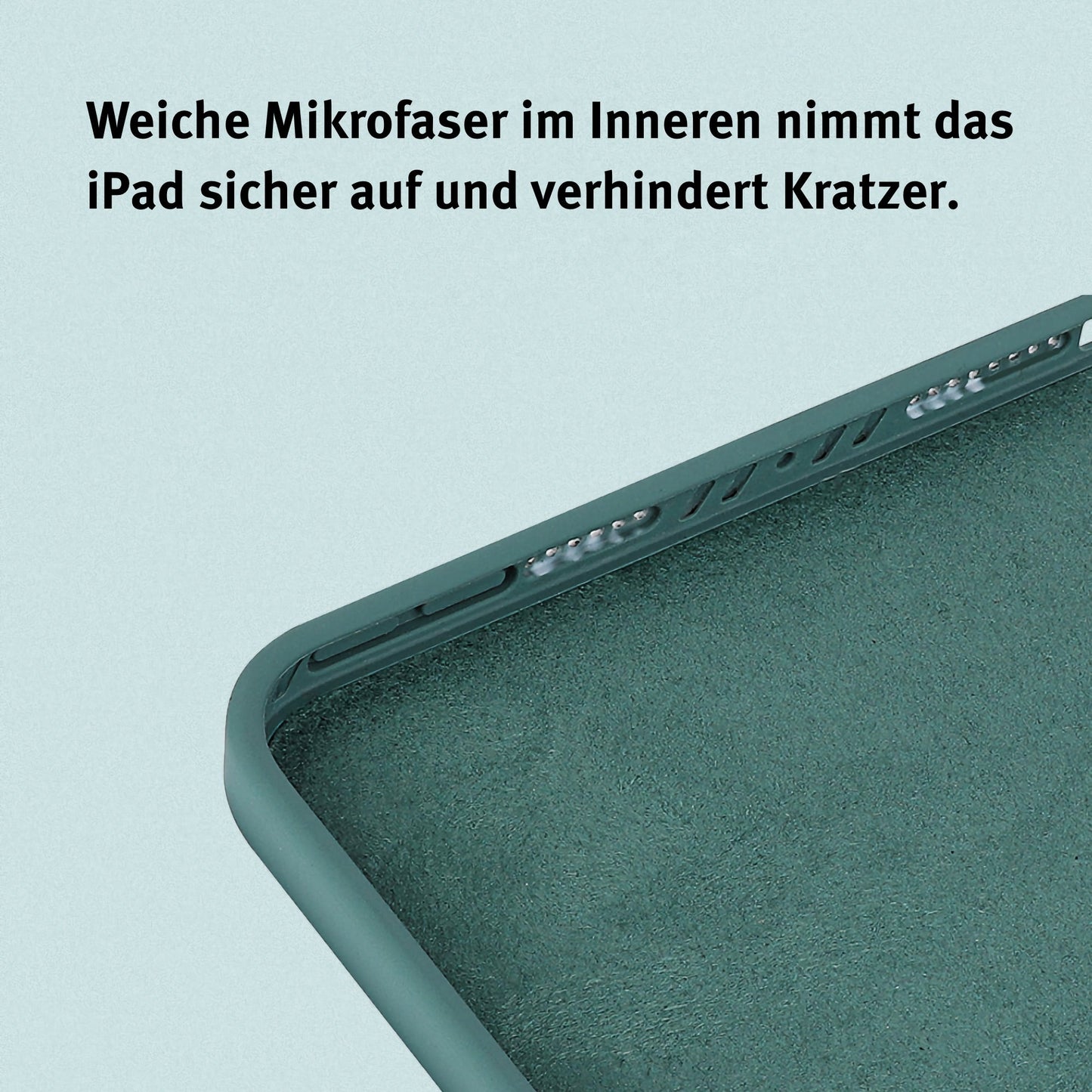 Nahaufnahme der grünen iCEO iPad 11" (2022/2025) Silikonhülle mit weichem Mikrofaserfutter und deutschem Text zum Schutz, entwickelt für das iPad der 10. oder 11. Generation.