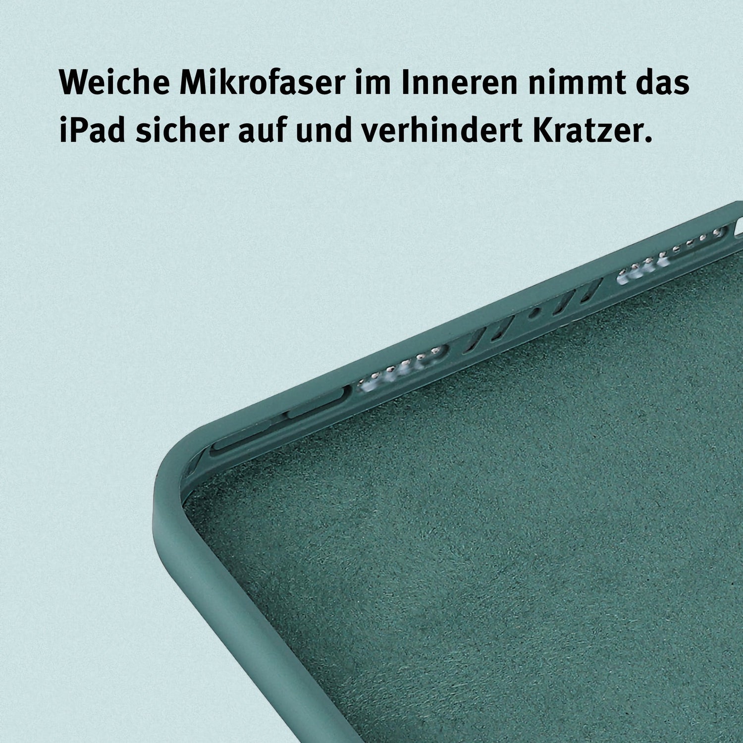 Nahaufnahme der grünen iCEO iPad 11" (2022/2025) Silikonhülle mit weichem Mikrofaserfutter und deutschem Text zum Schutz, entwickelt für das iPad der 10. oder 11. Generation.