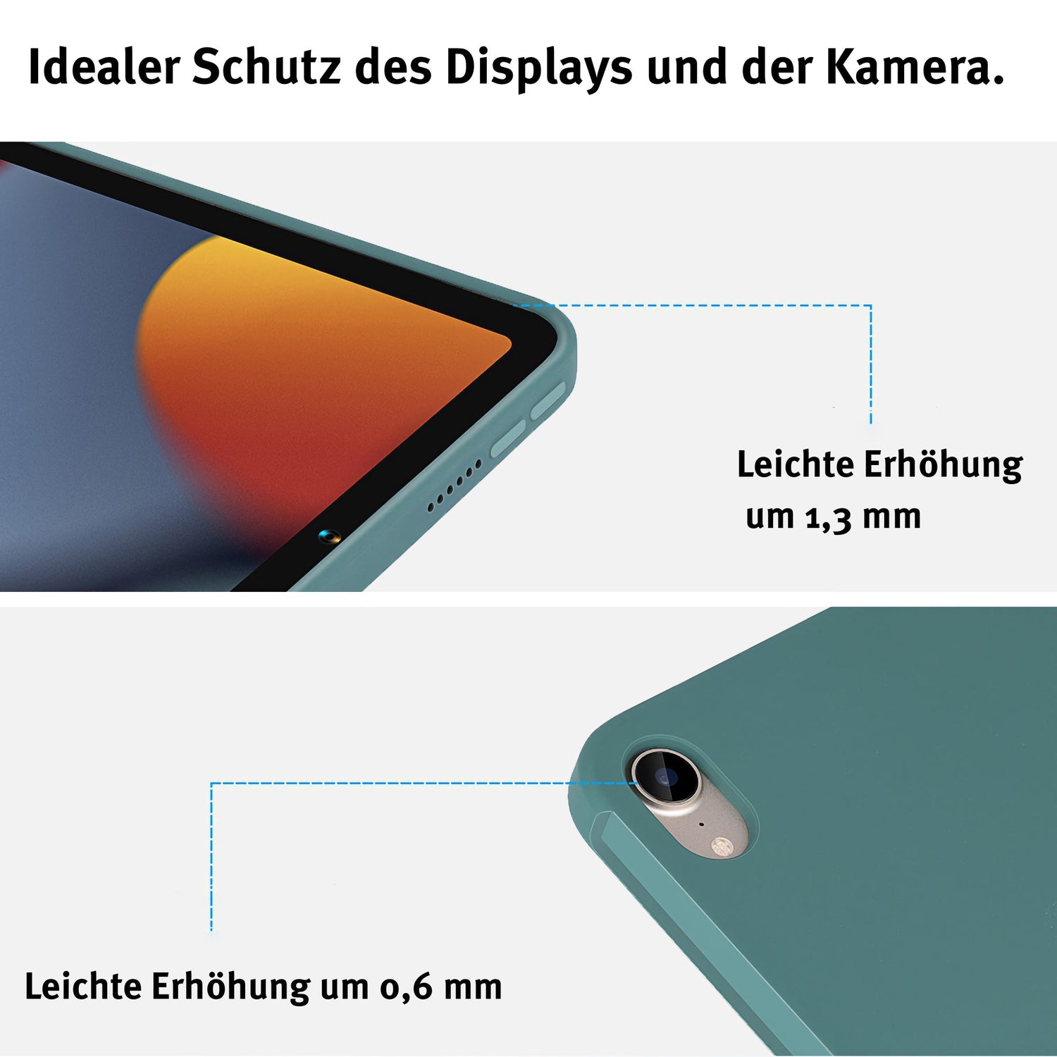 Nahaufnahme der Silikonhülle für das iCEO iPad 11" (2022/2025), mit hervorgehobenen erhöhten Kanten um Bildschirm und Kamera, mit Maßangaben in deutscher Sprache.