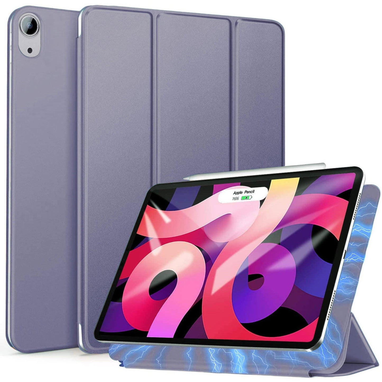 Das iCEO iPad 11" (2022/2025) magnetisches Smart Case in Lila wird als ultradünne Schutzhülle gezeigt, die als Ständer gefaltet ist. Der Bildschirm zeigt ein farbenfrohes Design mit blauen Blitzen – passend für das iCEO Case.