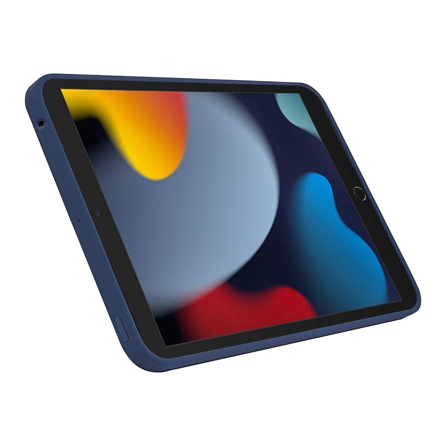 Ein iPad mit dem iCEO iPad 10,2" Silikon Case in Blau zeigt ein helles, abstraktes Hintergrundbild. Aus schräger Seitenansicht bietet das Case von iCEO Mikrofaserschutz und hält Touch ID erreichbar.