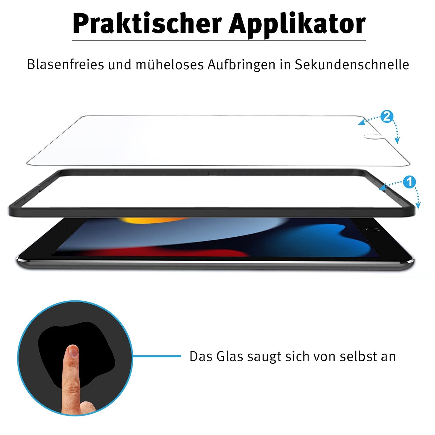 Eine Demo zeigt das Anbringen des arktisglas PaperFeel iPad 11" (2022/2025) PREMIUM Schutzglases mit einem Ausrichtungsrahmen. Die Anweisungen für Schritt 1 und 2 werden angezeigt, während ein Finger auf das Glas drückt, wodurch die automatische Haftung hervorgehoben wird.