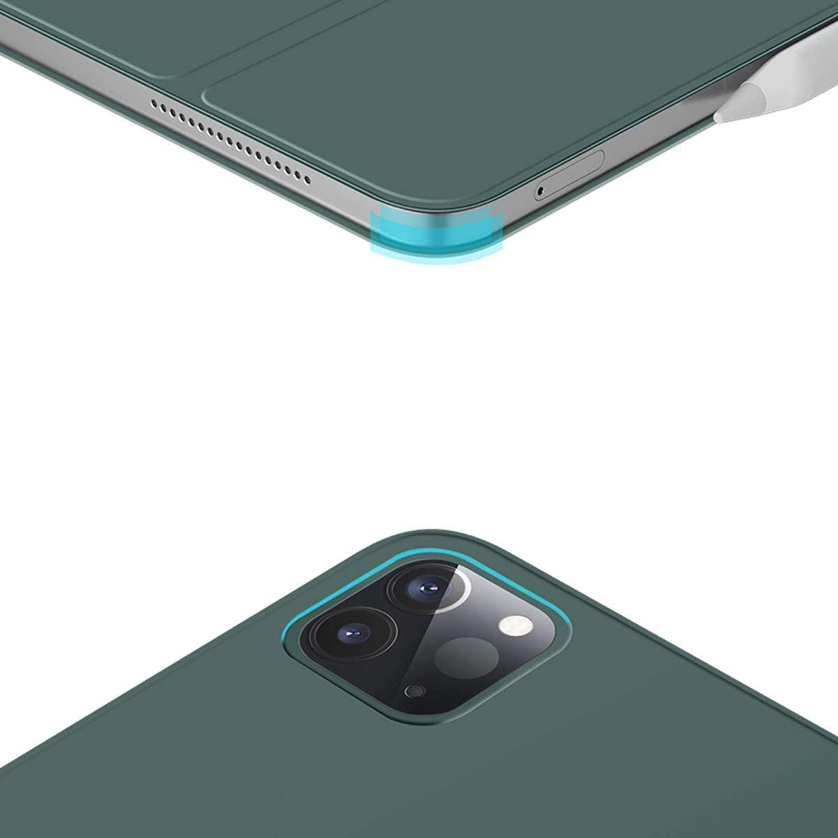 Nahaufnahme des magnetischen Smart Case für das iCEO iPad Pro 11“ (2020-2021-2022) in Grün mit Fokus auf der Aussparung für das Kameraobjektiv und der Stifthalterung.