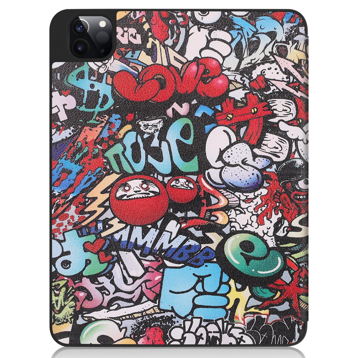 Auffällige Graffiti-Kunst bedeckt das ArktisPRO iPad Pro 12,9“ (2021-2022) PREMIUM SmartCase mit fettem Text, Cartoon-Gesichtern, abstrakten Formen und einem integrierten Apple Pencil-Halter für mehr Komfort.