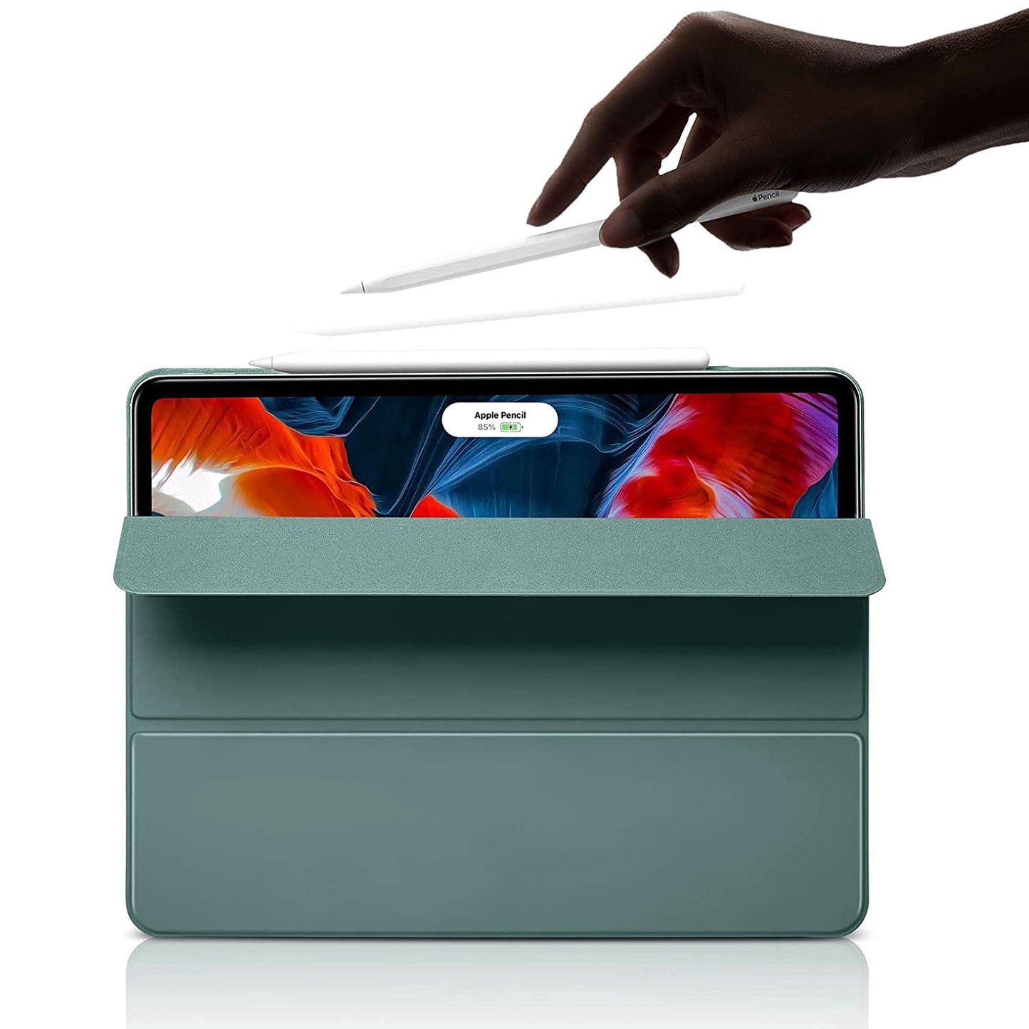Eine Hand hält einen Stift über einem iCEO iPad Pro 12,9" (2021–2022) in einem grünen magnetischen Smart Case 2.0 von iCEO, wobei ein Teil des Bildschirms abgedeckt ist.