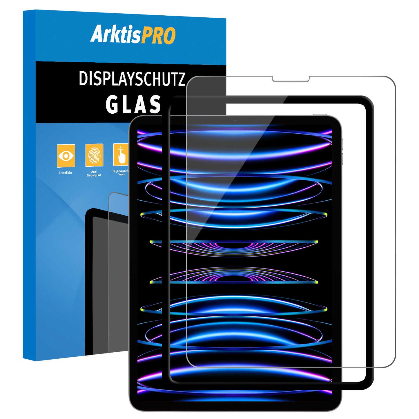 ArktisPRO iPad Pro 11" (2020-2021-2022) Displayschutz GLAS-Set mit zwei klaren Displayschutzfolien aus gehärtetem Glas und oleophober Oberfläche für Ihr Tablet.