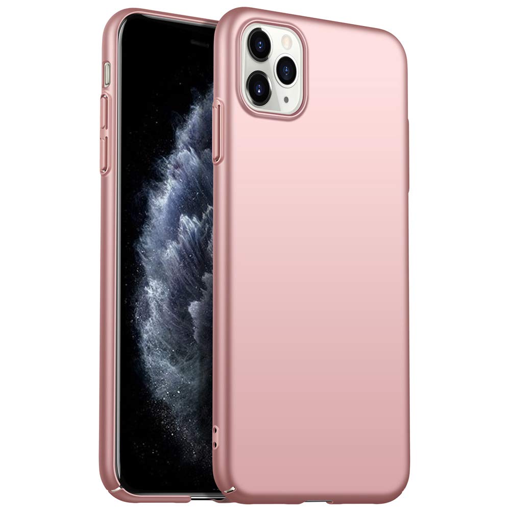 Das ArktisPRO iPhone 11 Pro Hülle UltraSlim Hardcase in Roségold aus robustem Polycarbonat ist auf einem schwarzen Telefon sowohl von hinten als auch teilweise von vorne zu sehen.