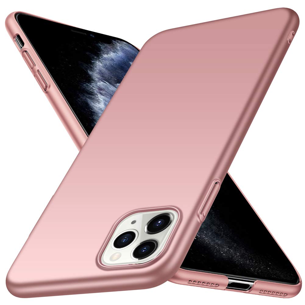 Zwei ArktisPRO iPhone 11 Pro Hülle UltraSlim Hardcase-Hüllen in Roségold, angeordnet in X-Form, betonen das schlanke Polycarbonat-Design und die Kameraaussparung.