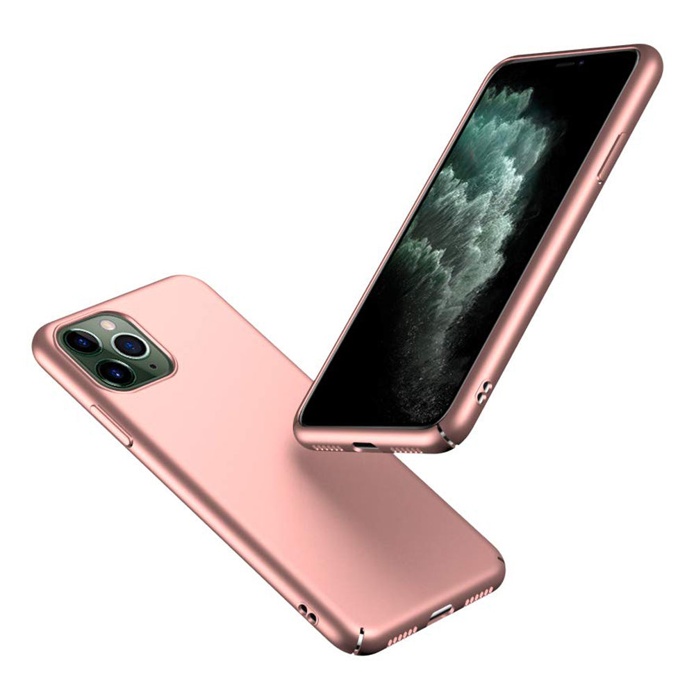 Zwei roségoldene iPhones, eines mit Bildschirm und eines mit der Dreifachkamera auf der Rückseite, beide geschützt durch das ArktisPRO iPhone 11 Pro Hülle UltraSlim Hardcase – eine elegante Polycarbonat-Hülle von ArktisPRO.
