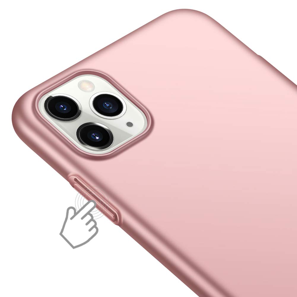 Ein Handsymbol zeigt auf die Seitentaste der ArktisPRO iPhone 11 Pro Hülle UltraSlim Hardcase, einer rosa Polycarbonat-Hülle mit Dual-Kamera-Modul von ArktisPRO.