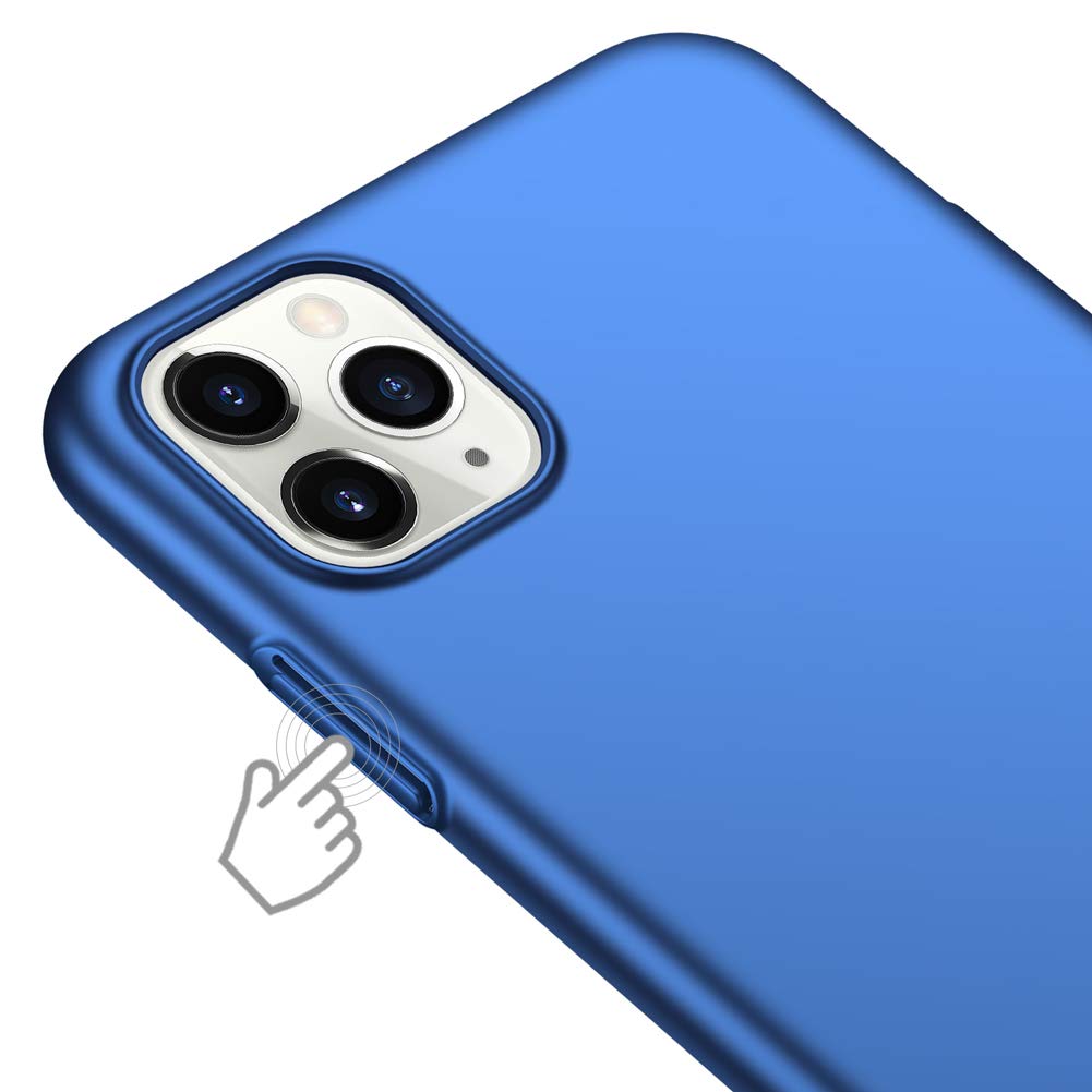 Das ArktisPRO iPhone 11 Pro Hülle UltraSlim Hardcase, dargestellt auf einem Telefon mit einem Handsymbol, das die Seitentaste hervorhebt, bietet stilvollen und dauerhaften Schutz mit robustem Polycarbonat in einem eleganten blauen Design.