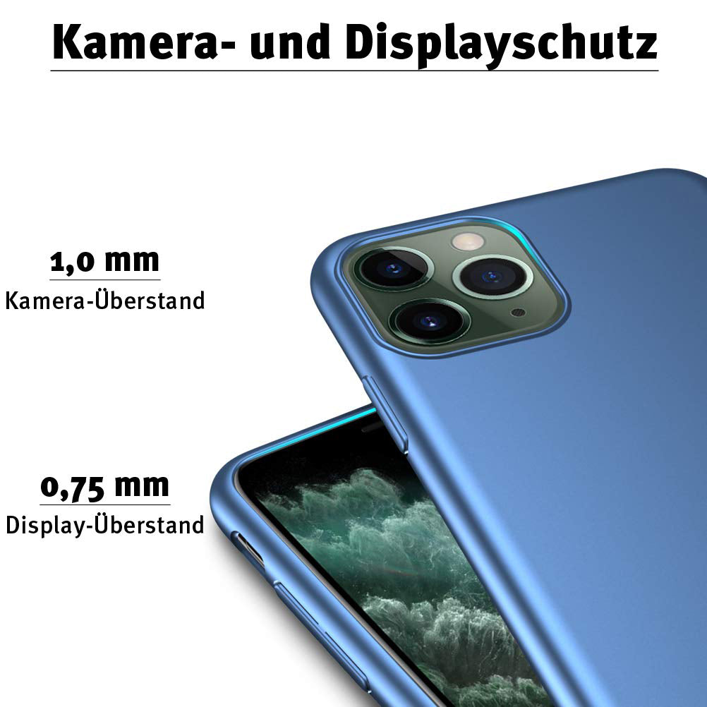 Die ArktisPRO iPhone 11 Pro Hülle UltraSlim Hardcase schützt Kamera und Display mit deutschen Maßangaben, besteht aus robustem Polycarbonat und zeigt zwei überlappende iPhones.