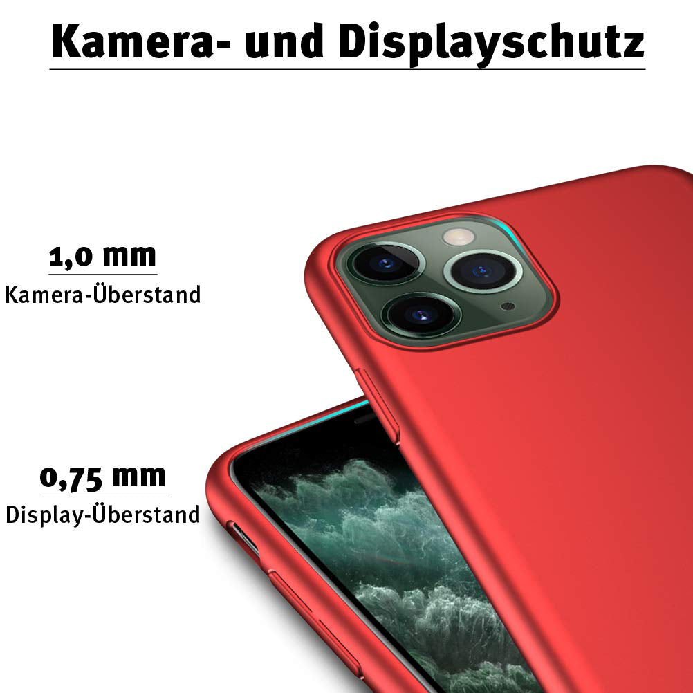 Das ArktisPRO iPhone 11 Pro Hülle UltraSlim Hardcase bietet eleganten roten Polycarbonat-Schutz (1,0 mm Kamera, 0,75 mm Display) mit deutschem Text darüber – perfekter schlanker Schutz von ArktisPRO.