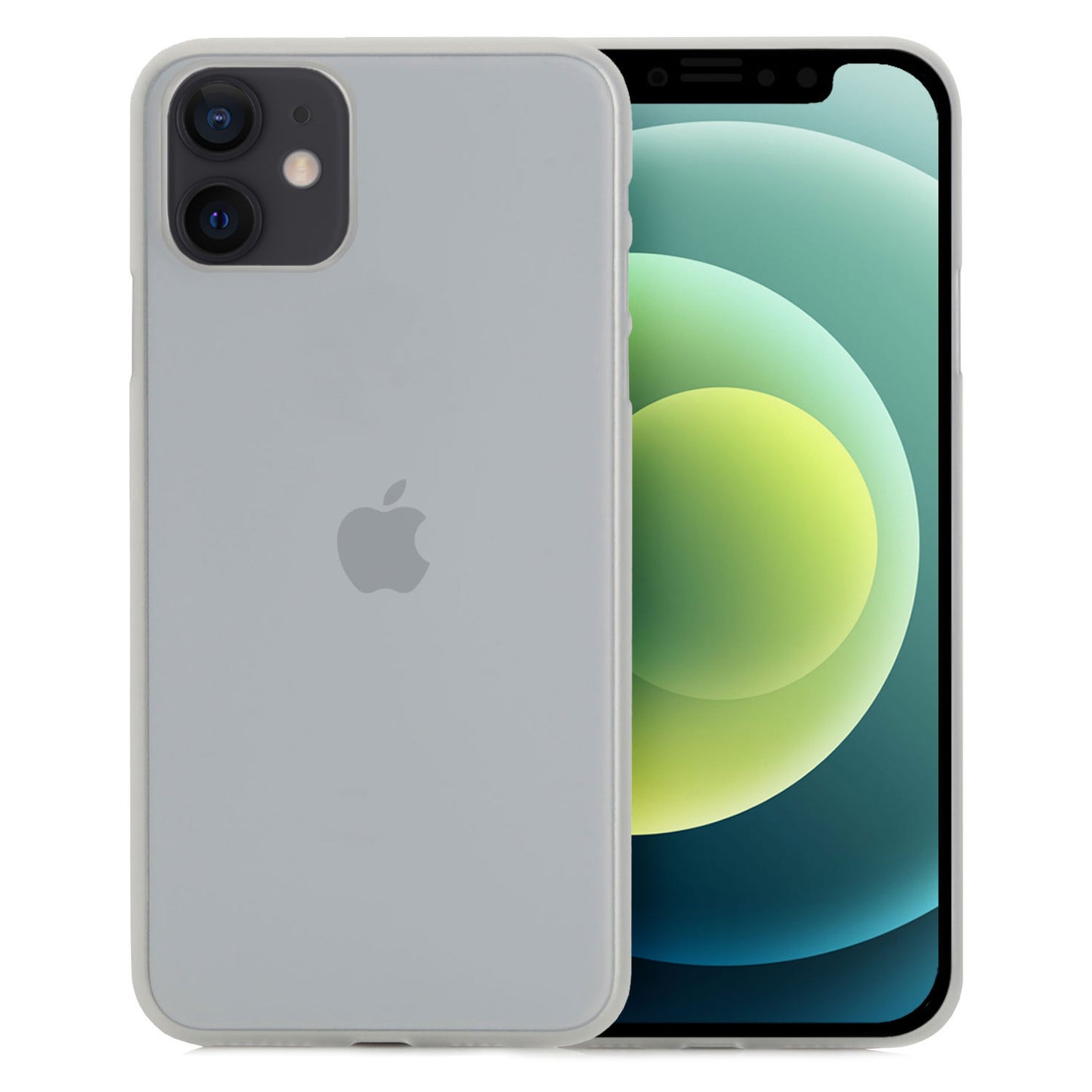 Ein graues iPhone mit Doppelkamera und leuchtend grün-blauem abstraktem Hintergrundbild wird durch die ArktisPRO iPhone 12 mini Hülle ULTRADÜNN geschützt und bietet eleganten und stilvollen Schutz.