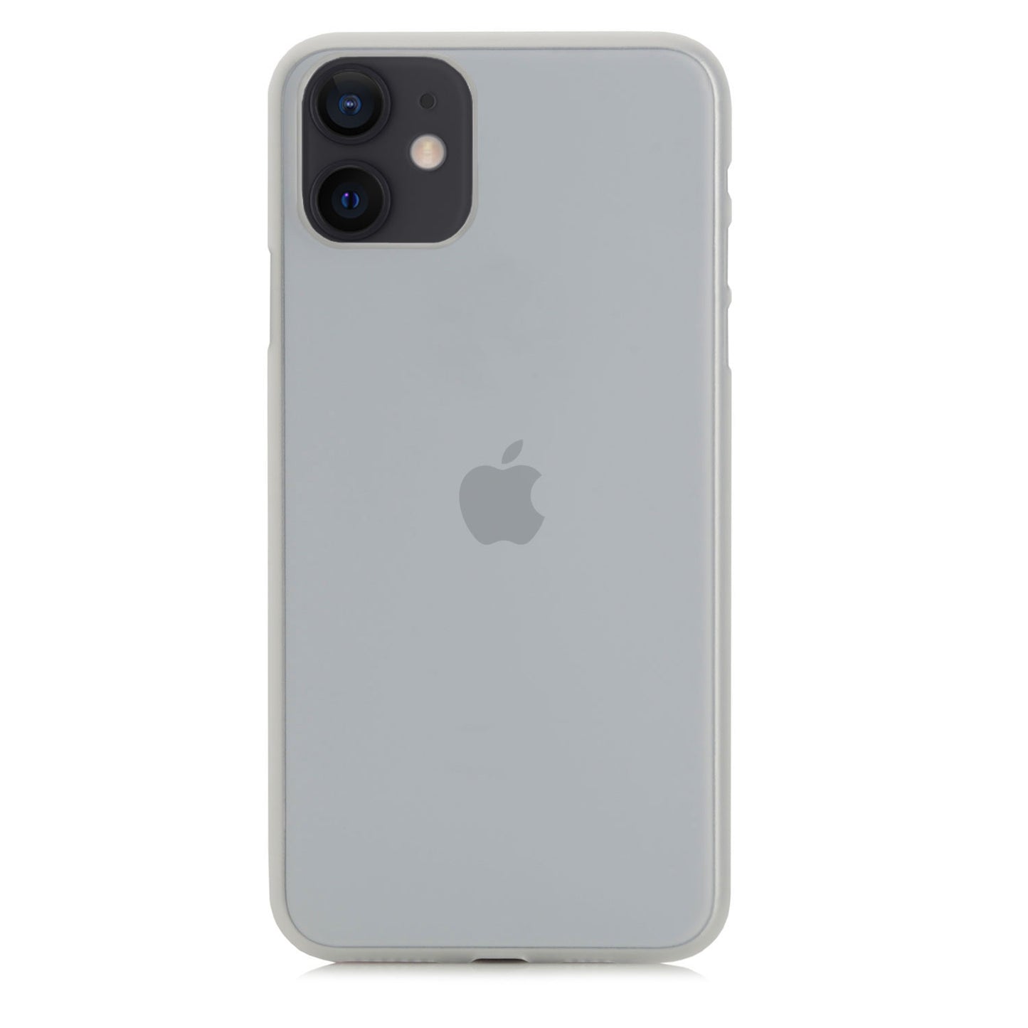 Ein graues iPhone 12 mini mit Doppelkamera und Apple-Logo, von hinten auf Weiß abgebildet, geschützt durch die ultradünne ArktisPRO iPhone 12 mini Hülle für eine elegante, kaum wahrnehmbare Abdeckung.
