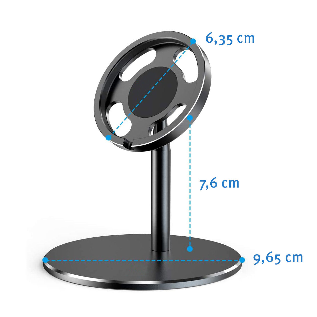 Die verstellbare Aluminium-Ladestation ArktisPRO für MagSafe ist ein runder schwarzer Metallständer (6,35 cm breit, 7,6 cm hoch, 9,65 cm Basis), ideal als iPhone-Halterung zum bequemen Laden und Präsentieren Ihres Geräts.