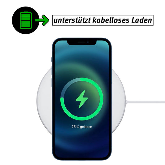 Das iPhone 13 Pro Max lädt kabellos auf das Pad im Aviato SECTOR SLIM Case aus stoßabsorbierendem TPU. Der Bildschirm zeigt 75 % geladen und das Ladesymbol an.
