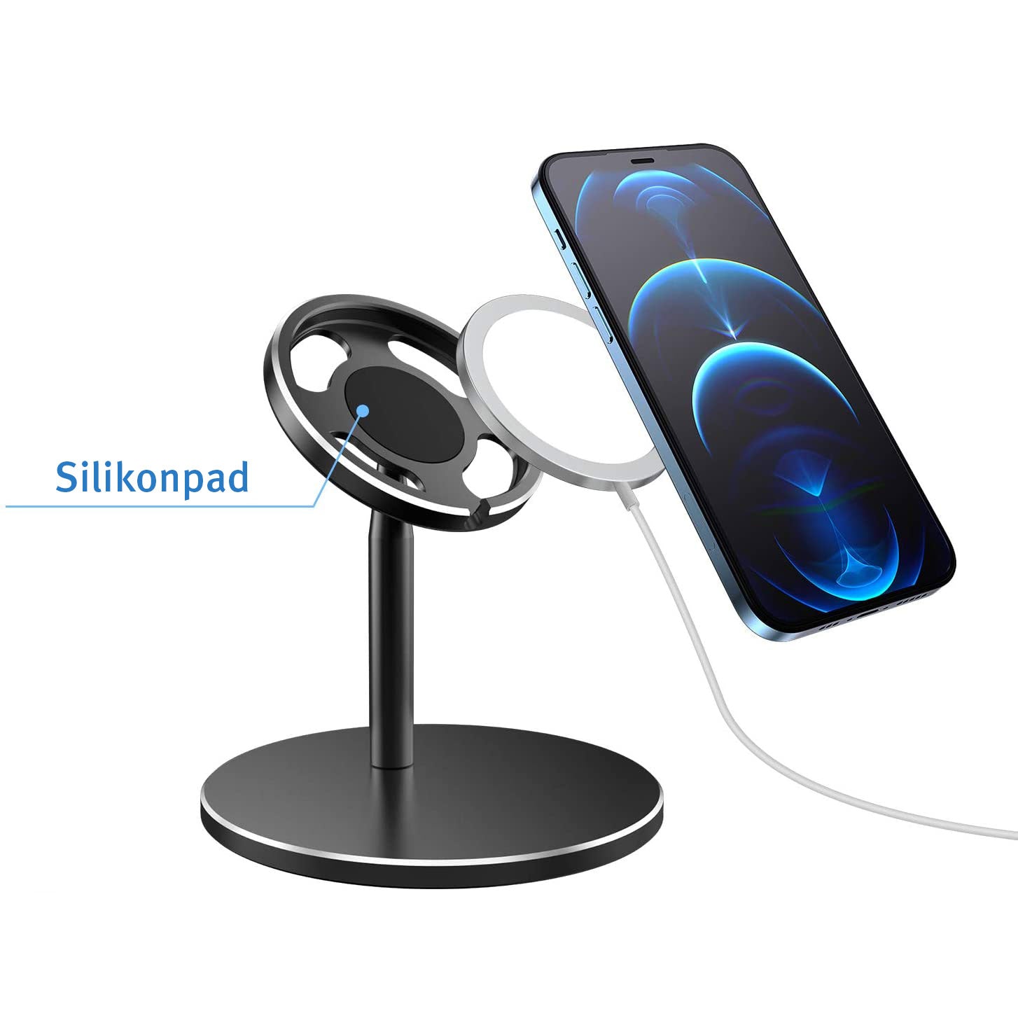 Die verstellbare Aluminium-Ladestation ArktisPRO für MagSafe verfügt über ein beschriftetes Silikonpad und enthält ein Ladekabel zur sicheren Telefonmontage.