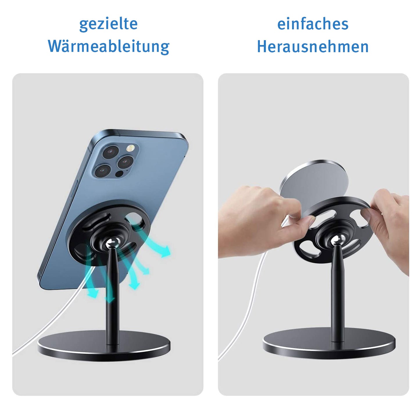 Links: ArktisPRO verstellbare Aluminium Ladestation für MagSafe mit blauen Pfeilen zur Wärmeabfuhr. Rechts: Eine Hand nimmt das iPhone aus dem ergonomischen Blickwinkel vom ArktisPRO Ständer.