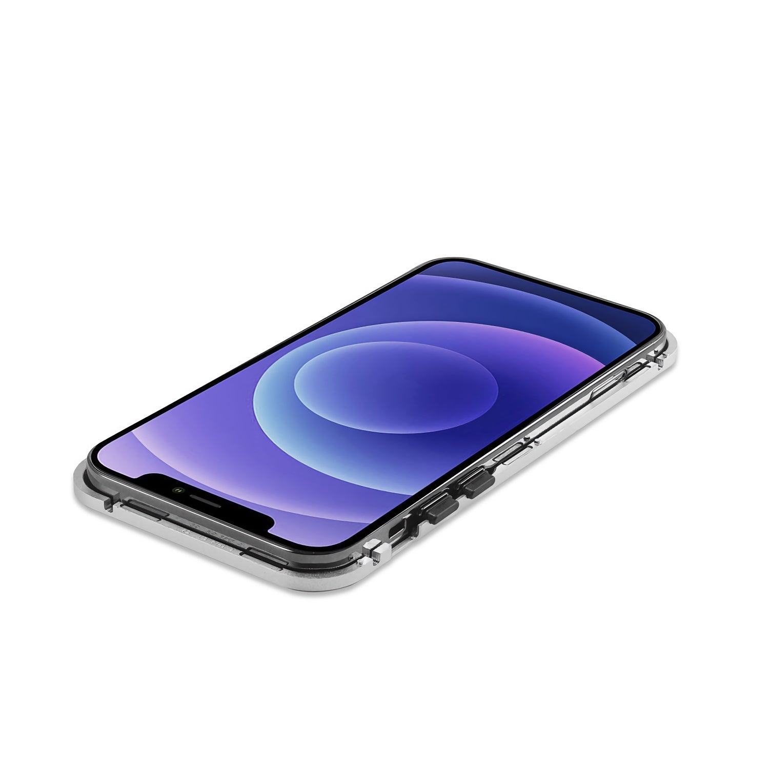 Aviato Magnetic Aluminum Case für iPhone 14: Zeigt Ihr Smartphone mit einem blau-violetten Bildschirm auf weißem Untergrund und bietet optimalen Komplettschutz in einem transparenten Gehäuse.