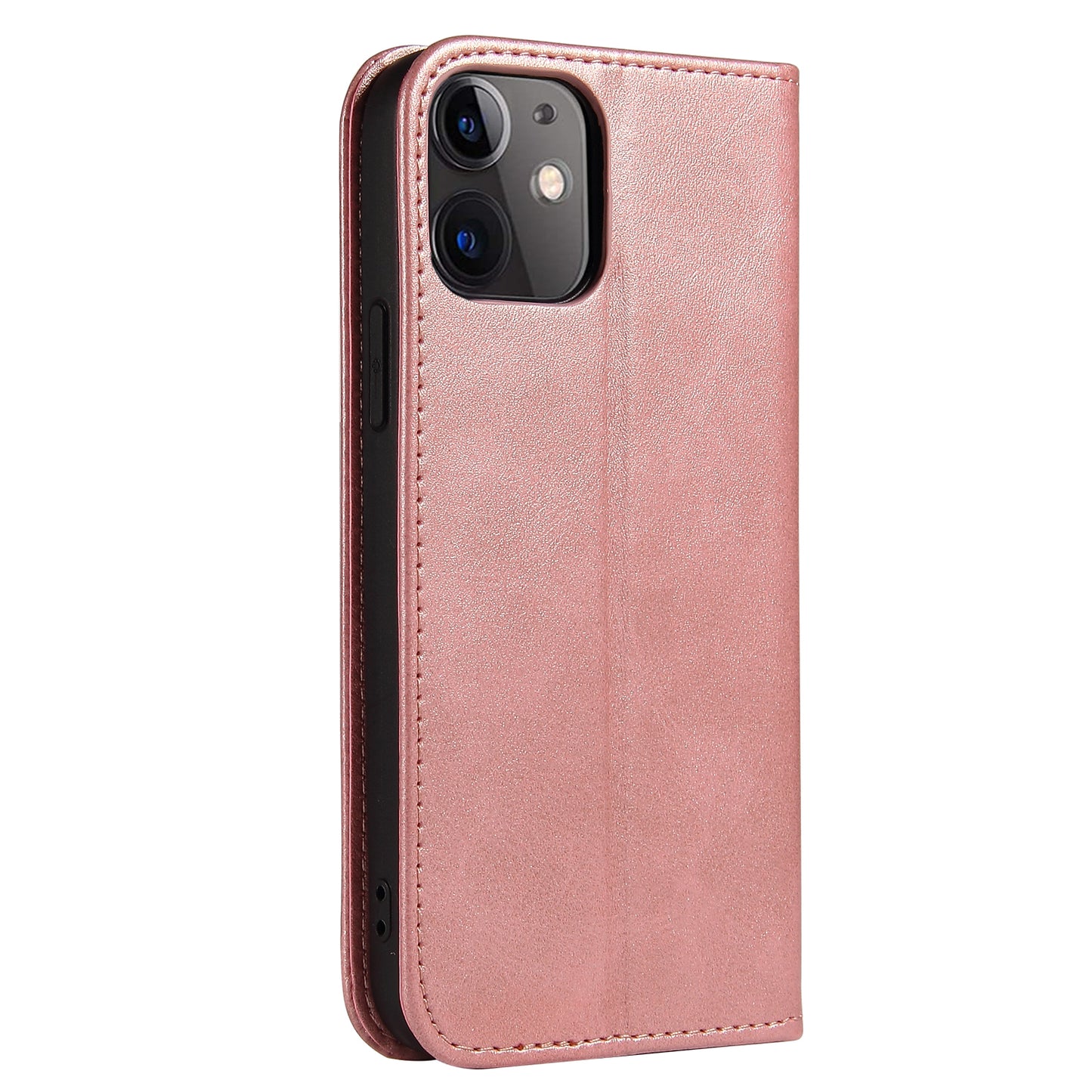 Ein Smartphone mit zwei Kameras wird aufrecht in einer Mobiletto iPhone 13 UltraSlim Schutzhülle gezeigt, einer rosa Kunstlederhülle im Brieftaschenstil von Mobiletto, wobei die vordere Abdeckung mit Magnetverschluss teilweise geöffnet ist.