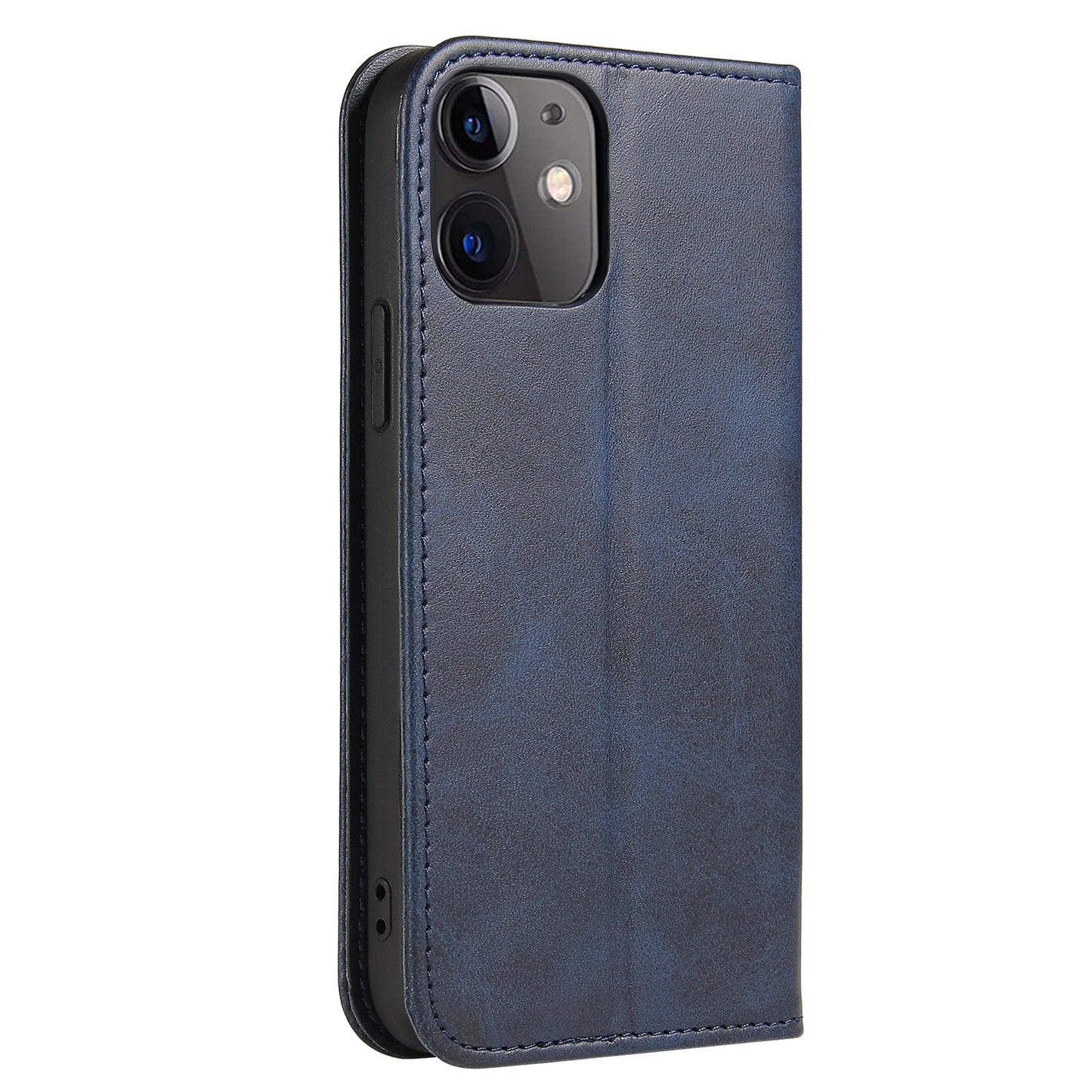 Die Mobiletto iPhone 13 UltraSlim Schutzhülle von Mobiletto wird aufrecht in dunkelblauem Leder mit Magnetverschluss gezeigt und verfügt über Kameraaussparungen und sichtbare Nähte entlang der Kanten.